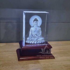 Tượng Phật A Di Đà pha lê ngồi đài sen khắc laser 3D