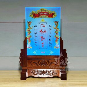 Cửu huyền thất tổ pha lê 25x35 in màu đế gỗ khắc CNC hoa văn